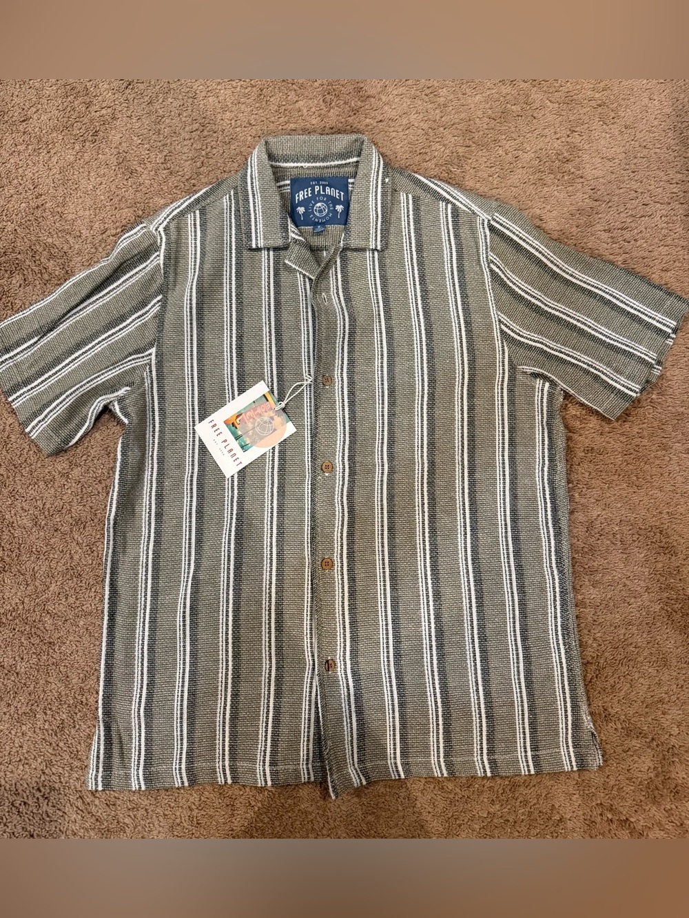 Free Planet Men's Olive & White Vertical Stripe Short Sleeve Button Shirt